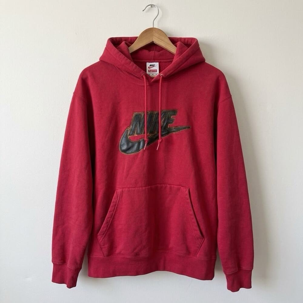 Supreme Nike Leather Applique Hooded Sweatshirt Mens Medium Red FW19 Fleece
